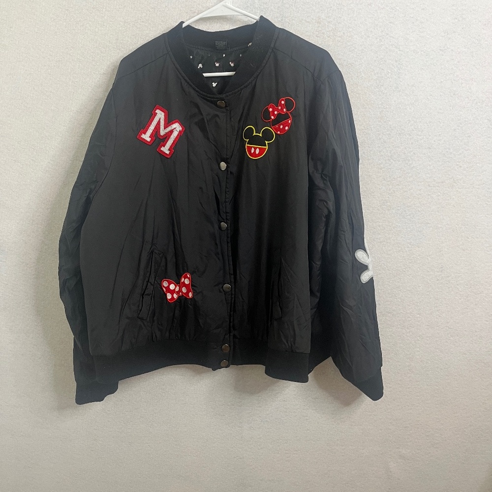 Disney Mickey & Minnie Varsity Bomber Jacket Black Snap Button Patch Coat